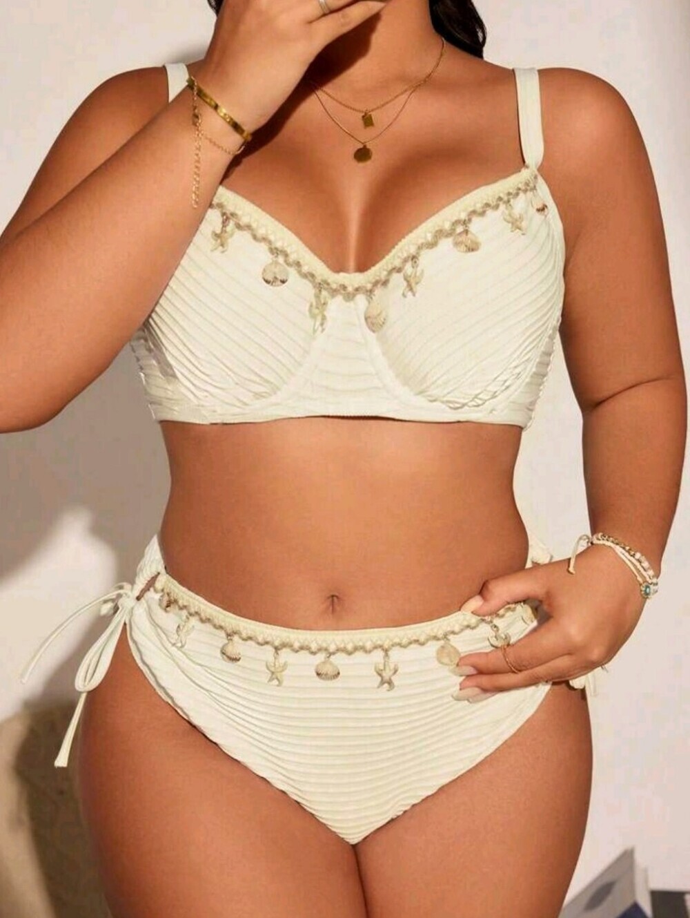 Beige Two-Piece Bikini Set with Shell Accents SIZE 14